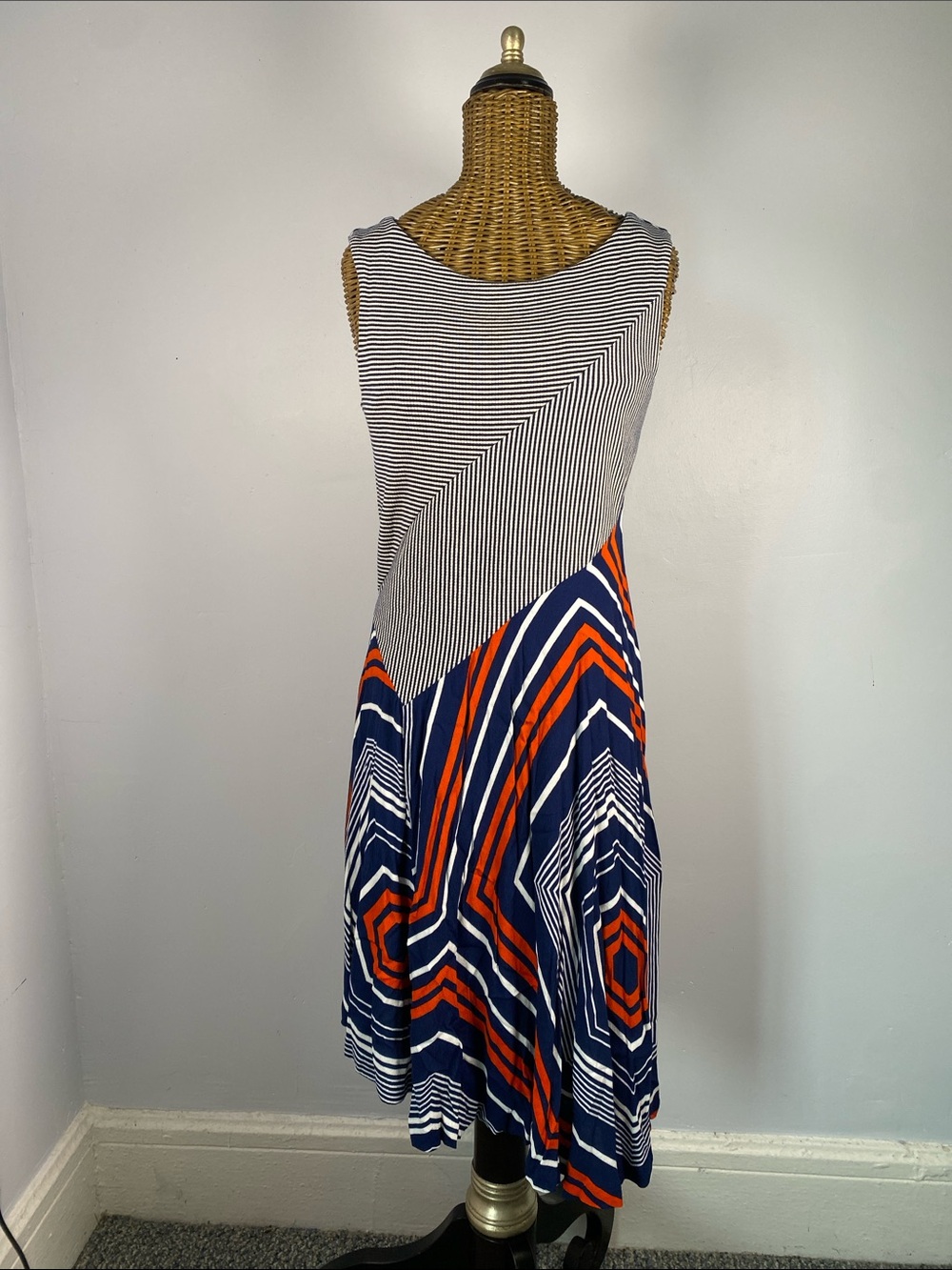 Maeve Navy, White & Orange Geometric Stripe Midi Dress